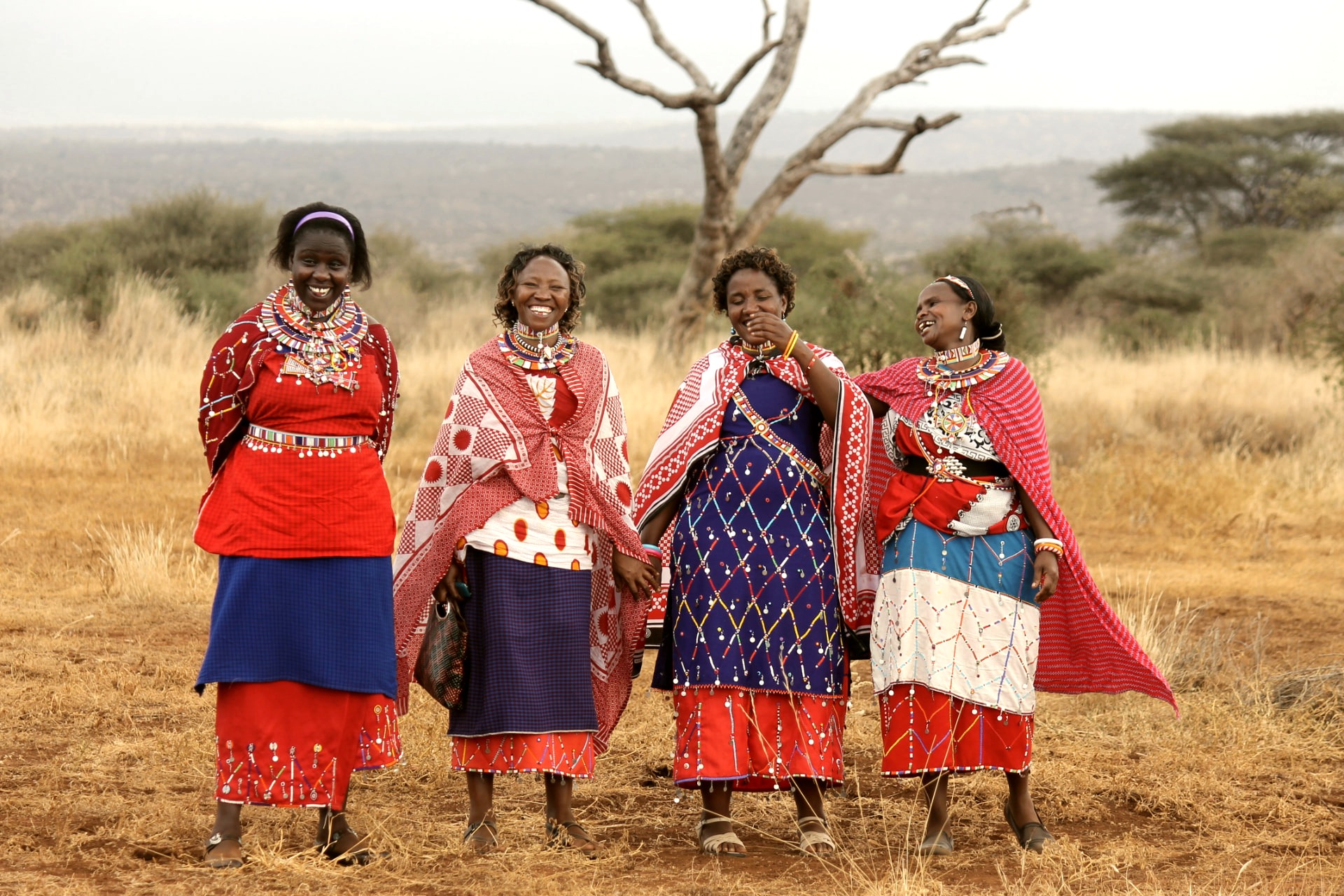 Four Maasai women in traditional beaded dress standing together on the savanna