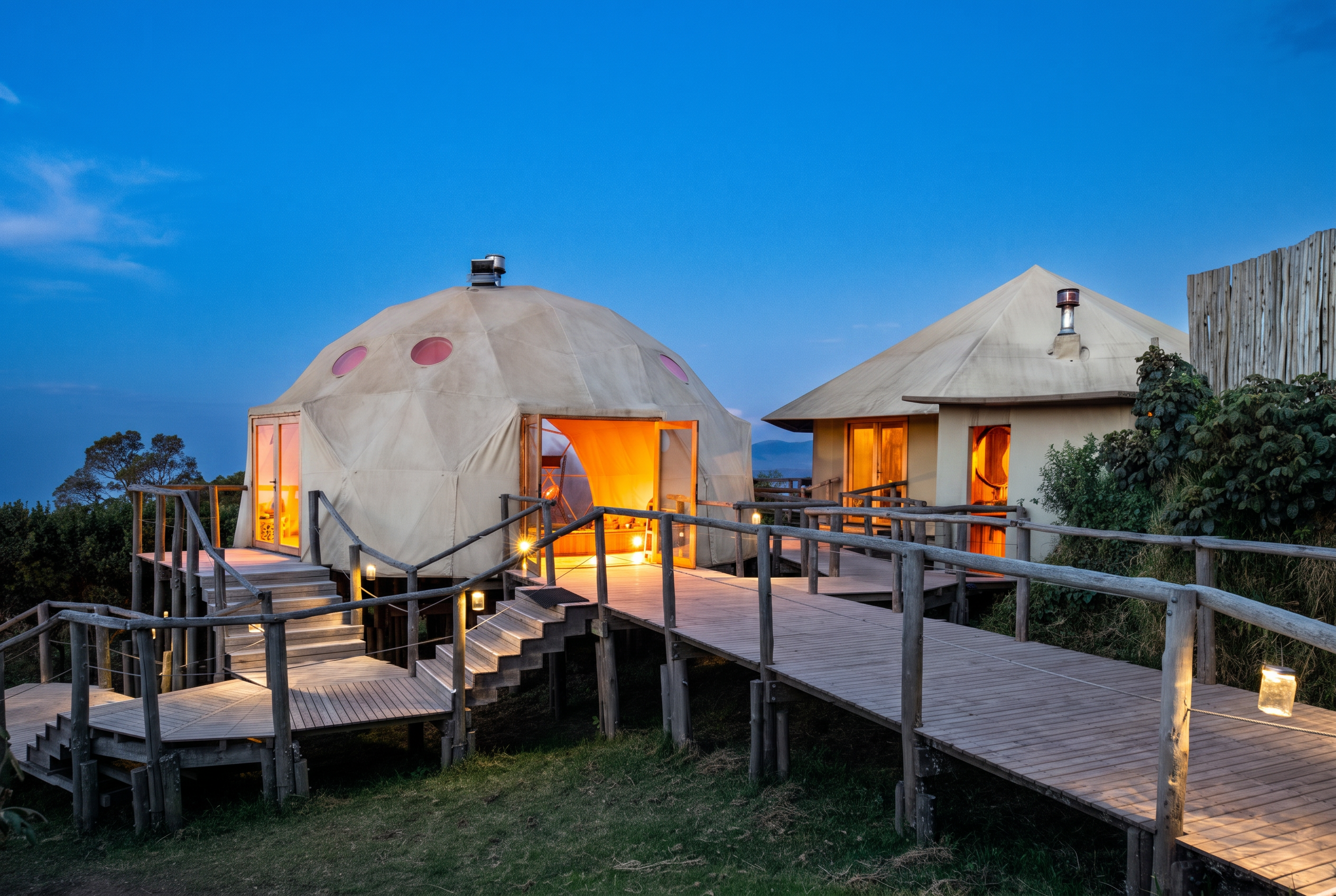 The Highlands guest suite exterior after sunset, glowing dome tent and wooden walkways on the Ngorongoro highlands