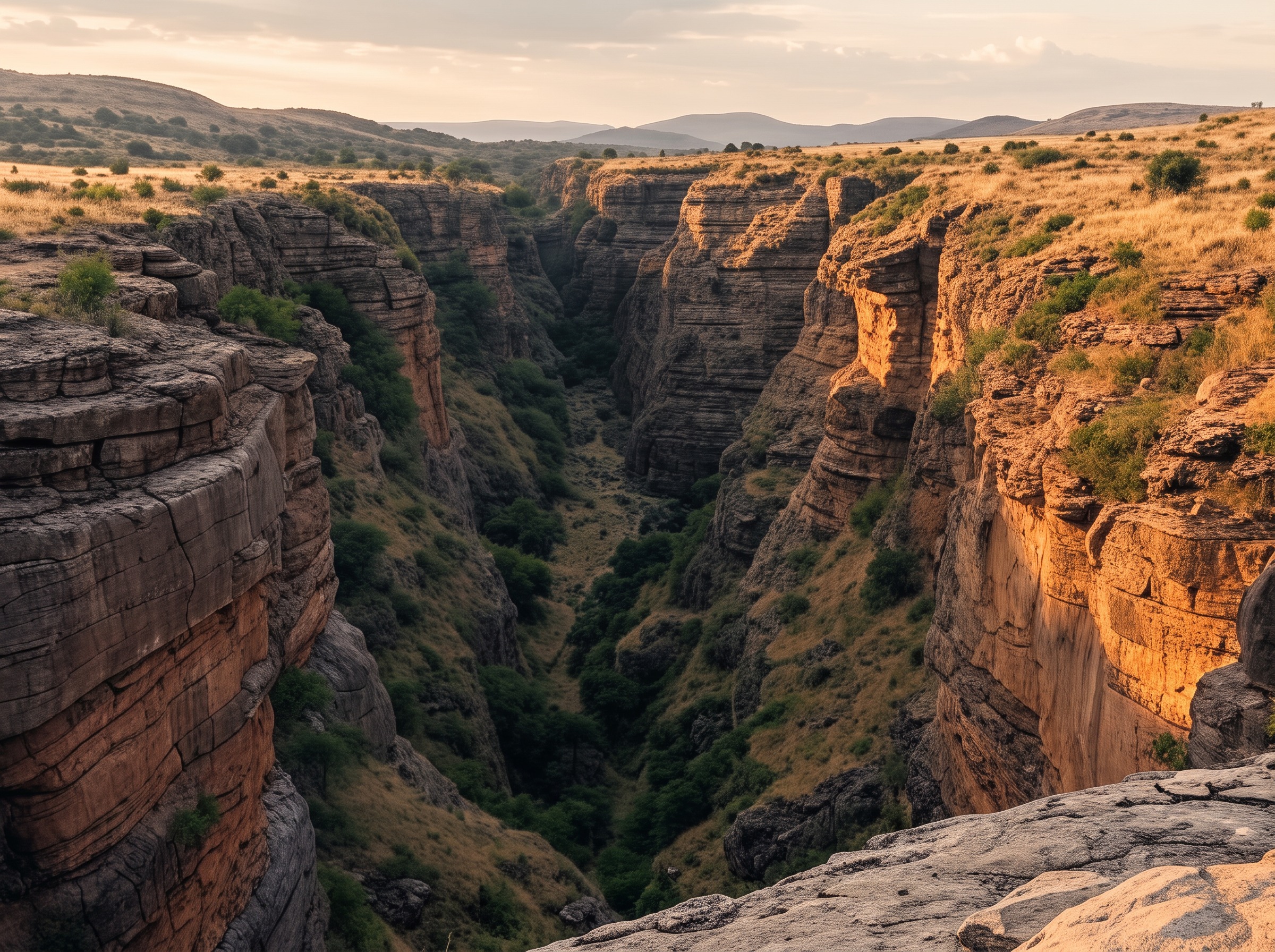 The layered rock walls of Olduvai Gorge lit by late afternoon sun