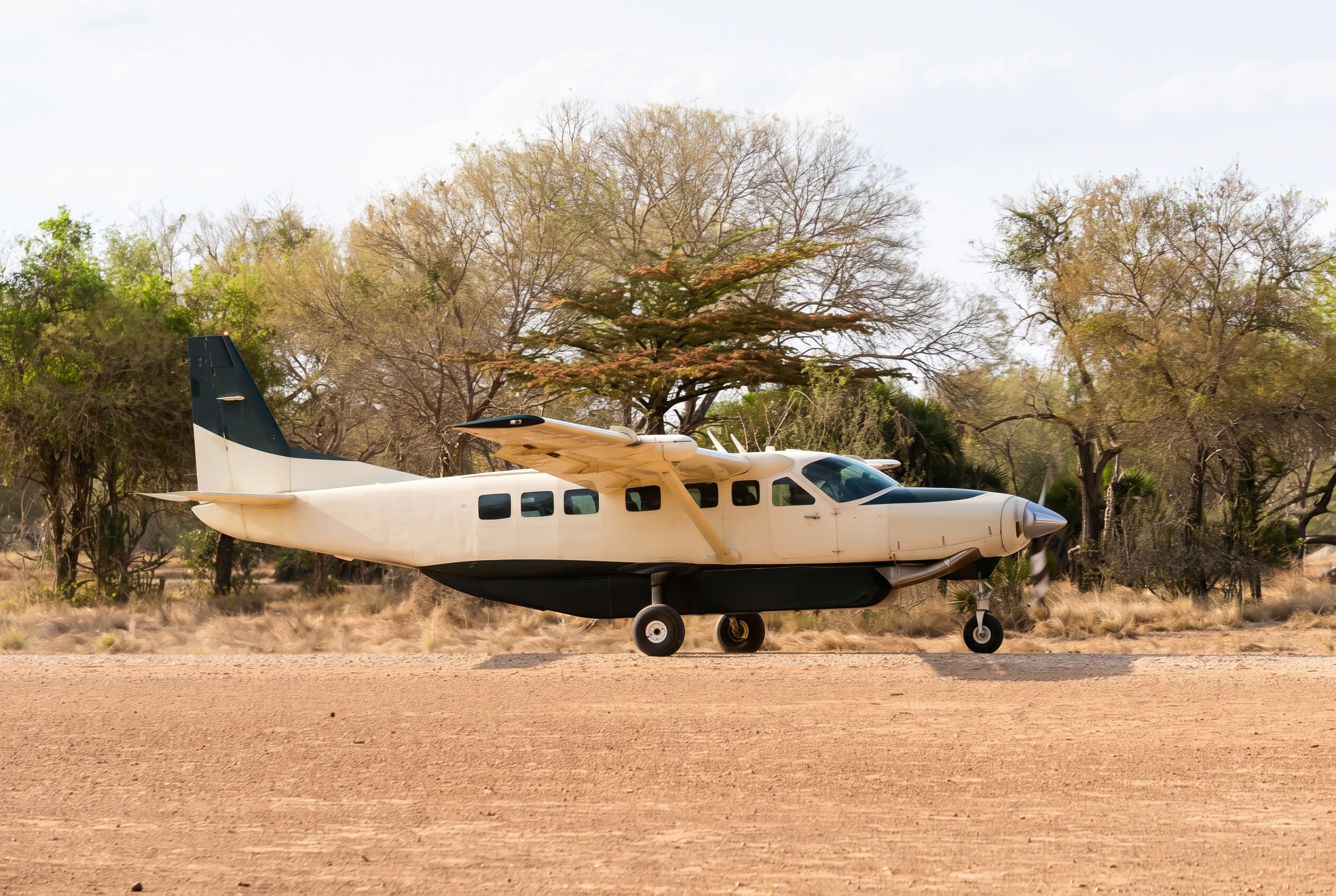 Cessna Grand Caravan waiting on a Tanzanian airstrip before the flight into the Serengeti