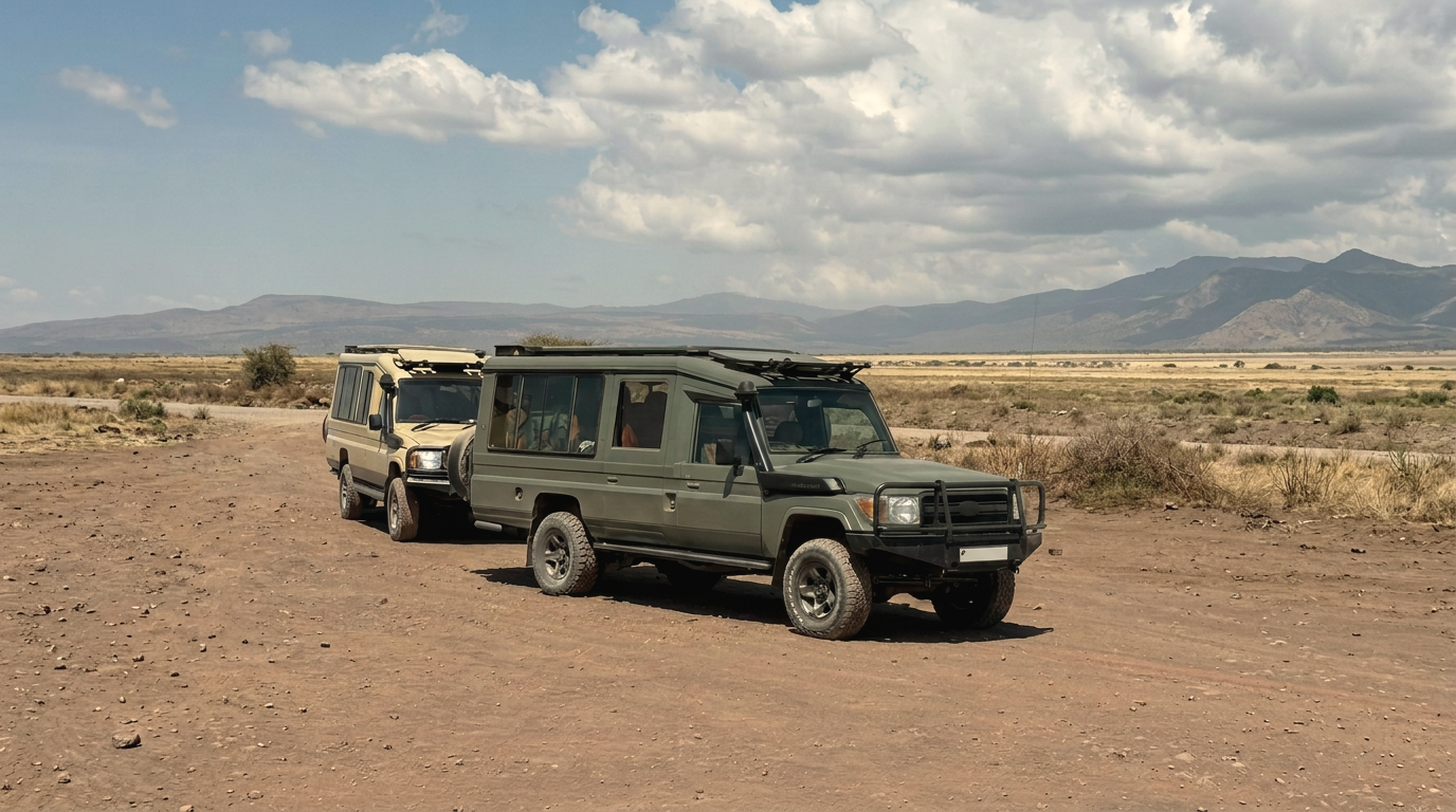 Olive green closed-body Toyota Land Cruiser safari vehicle with pop-up roof on a dirt track in northern Tanzania